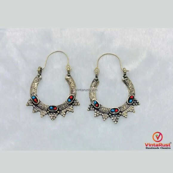 Silver Antique Hoop Earrings: Handmade Statement Boho Jewelry - Picture 1 of 5